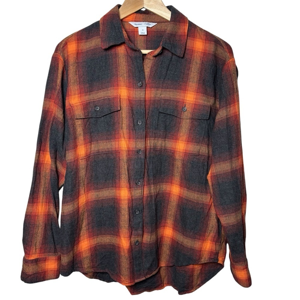 Old Navy Swifty Evermore Shirt Medium Boyfriend Flannel Orange Black Plaid